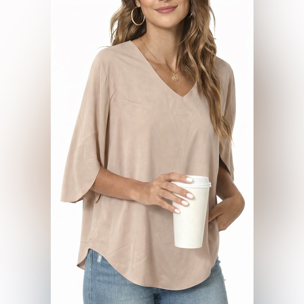 ◾️PopYoung V Neck Loose Tunic Top Split 3/4 Sleeve Chiffon Blouse